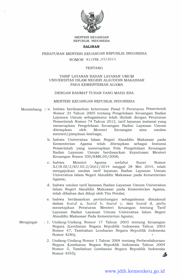 Peraturan Menteri Keuangan Nomor 81/PMK.05/2015