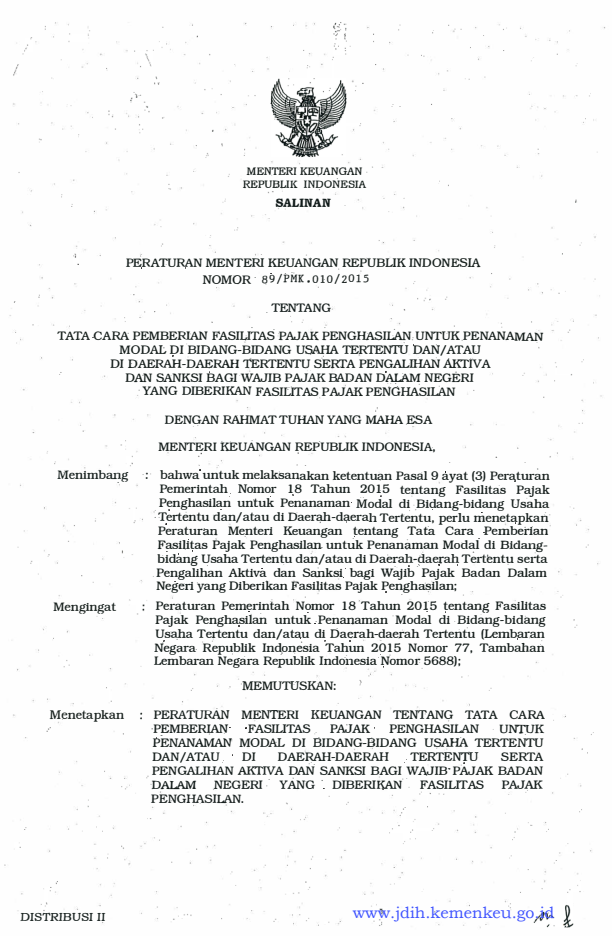 Peraturan Menteri Keuangan Nomor 89/PMK.010/2015