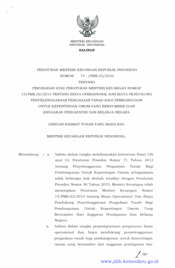 Peraturan Menteri Keuangan Nomor 10/PMK.02/2016