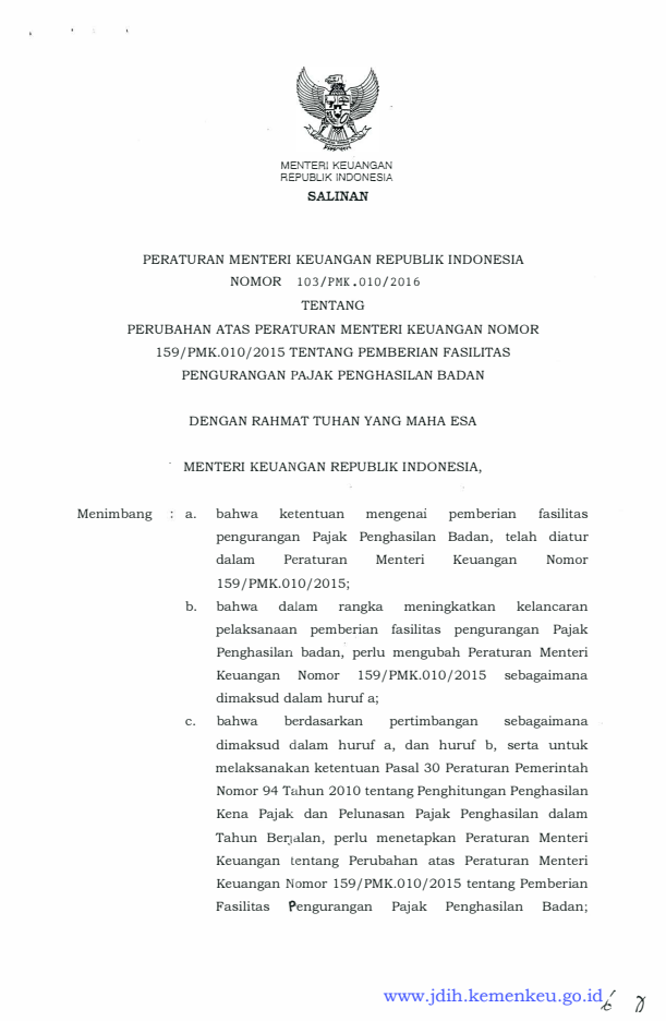 Peraturan Menteri Keuangan Nomor 103/PMK.010/2016
