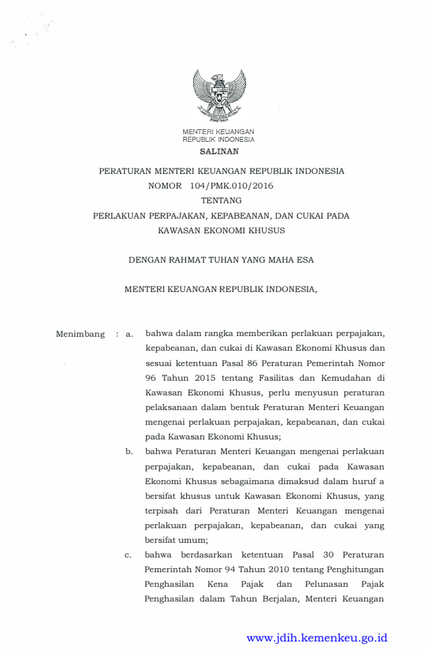 Peraturan Menteri Keuangan Nomor 104/PMK.010/2016