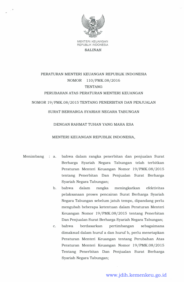 Peraturan Menteri Keuangan Nomor 110/PMK.08/2016