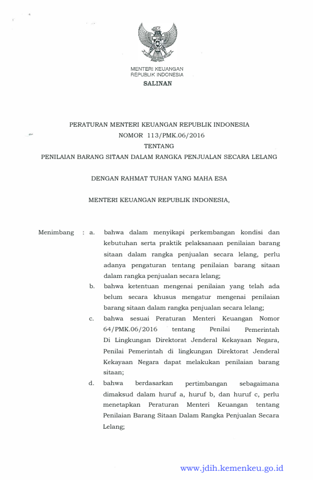 Peraturan Menteri Keuangan Nomor 113/PMK.06/2016