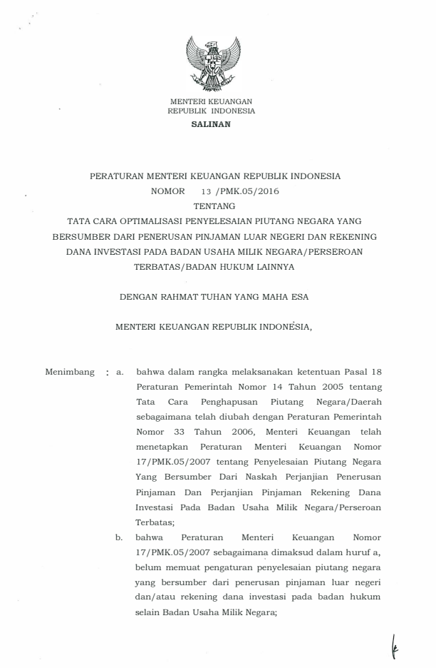 Peraturan Menteri Keuangan Nomor 13/PMK.05/2016