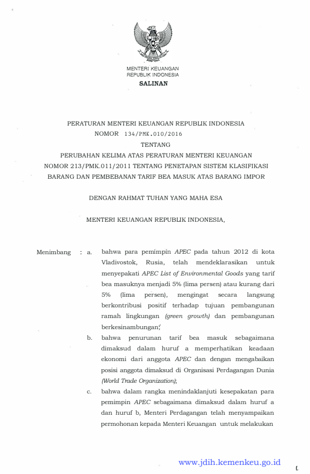 Peraturan Menteri Keuangan Nomor 134/PMK.010/2016