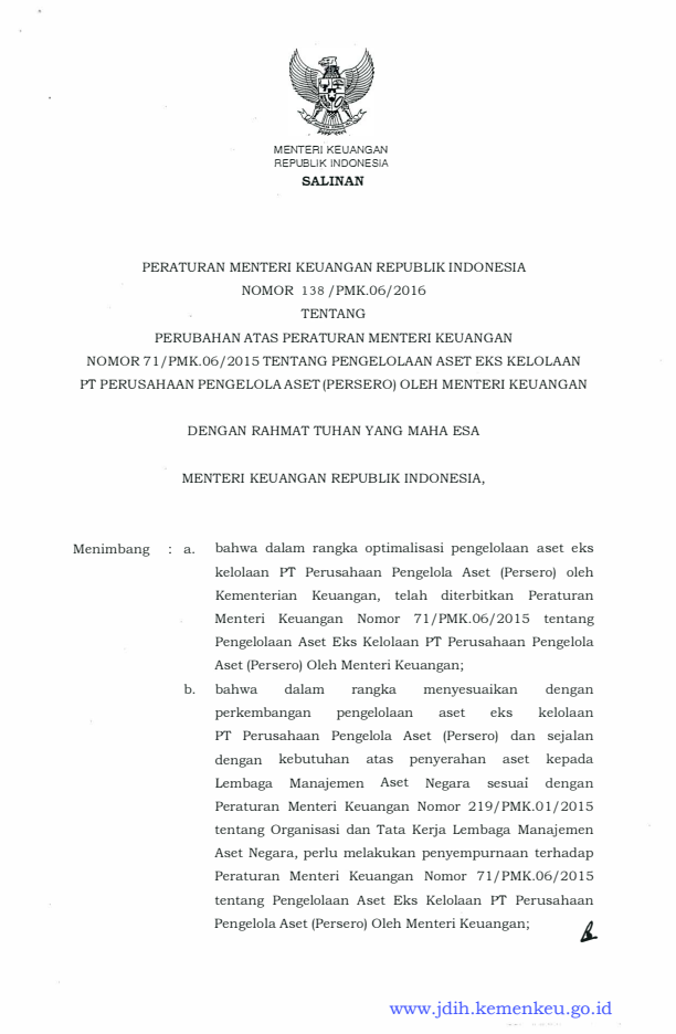 Peraturan Menteri Keuangan Nomor 138/PMK.06/2016