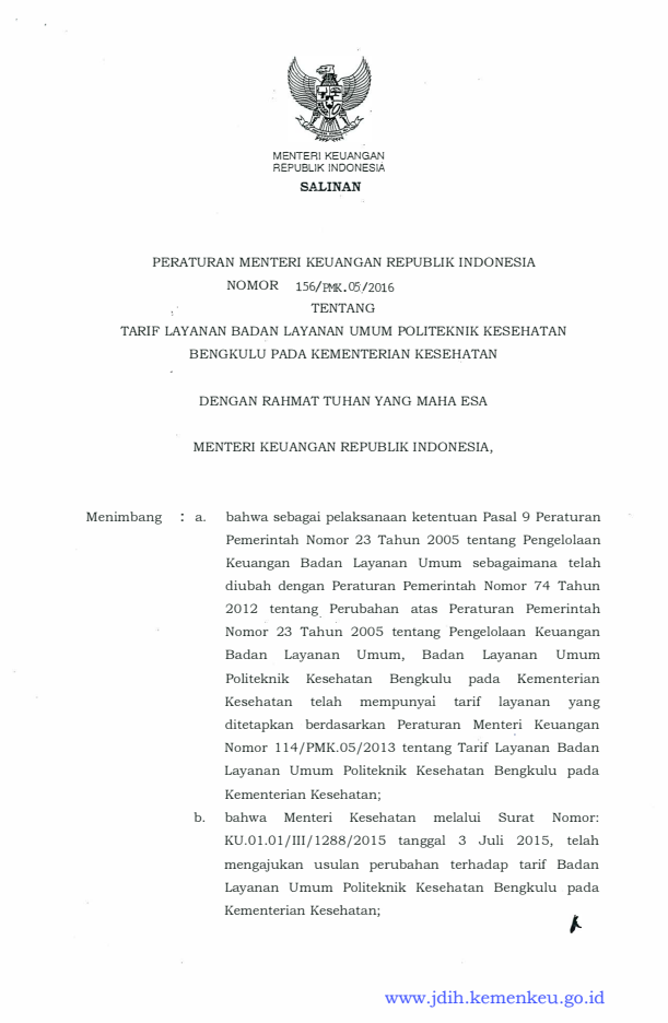Peraturan Menteri Keuangan Nomor 156/PMK.05/2016