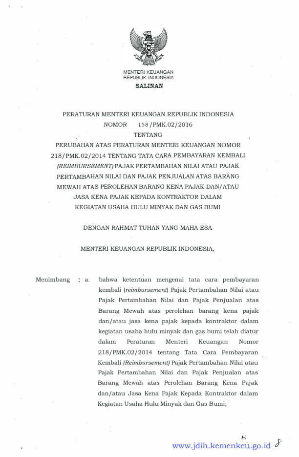 Peraturan Menteri Keuangan Nomor 158/PMK.02/2016