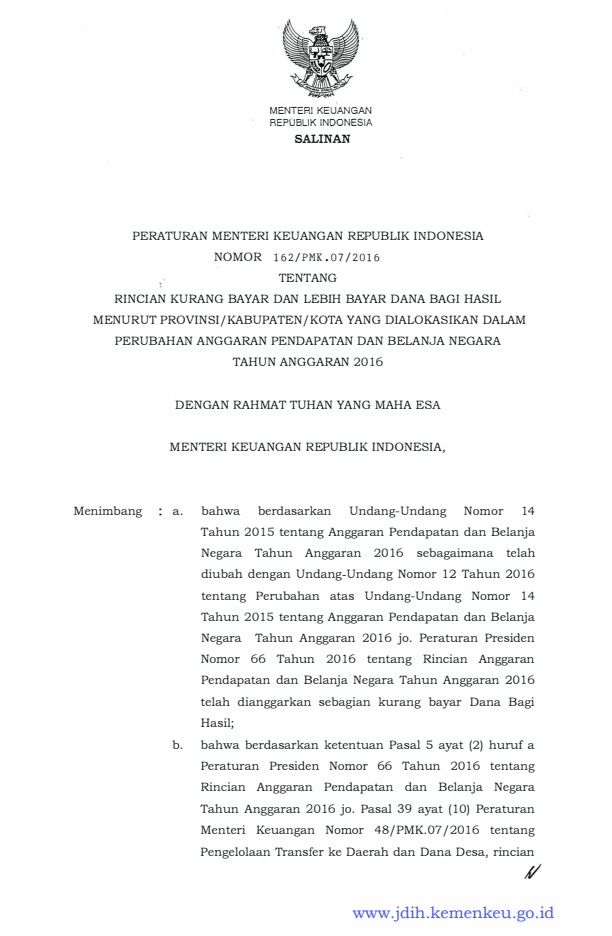 Peraturan Menteri Keuangan Nomor 162/PMK.07/2016