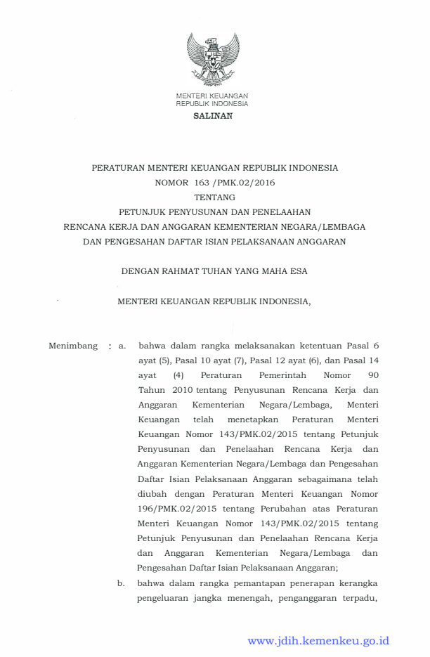 Peraturan Menteri Keuangan Nomor 163/PMK.02/2016