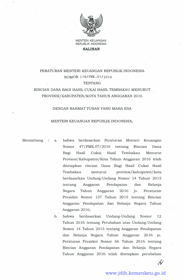 Peraturan Menteri Keuangan Nomor 178/PMK.07/2016