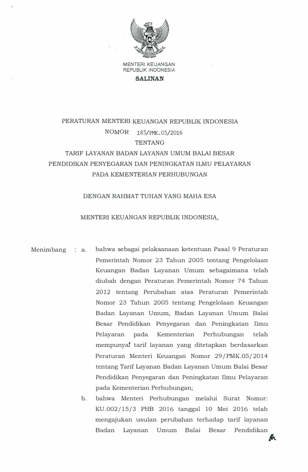 Peraturan Menteri Keuangan Nomor 185/PMK.05/2016