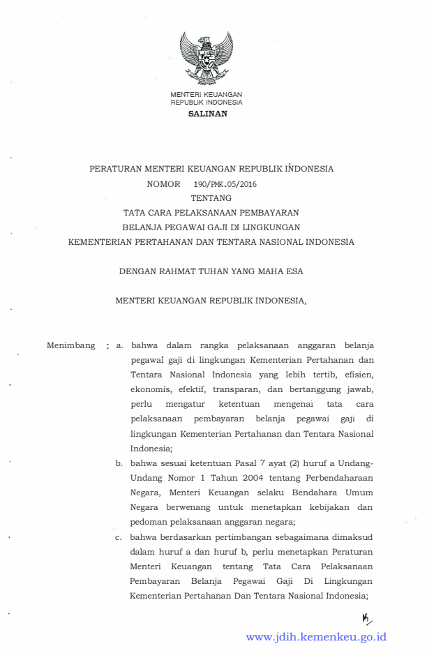 Peraturan Menteri Keuangan Nomor 190/PMK.05/2016
