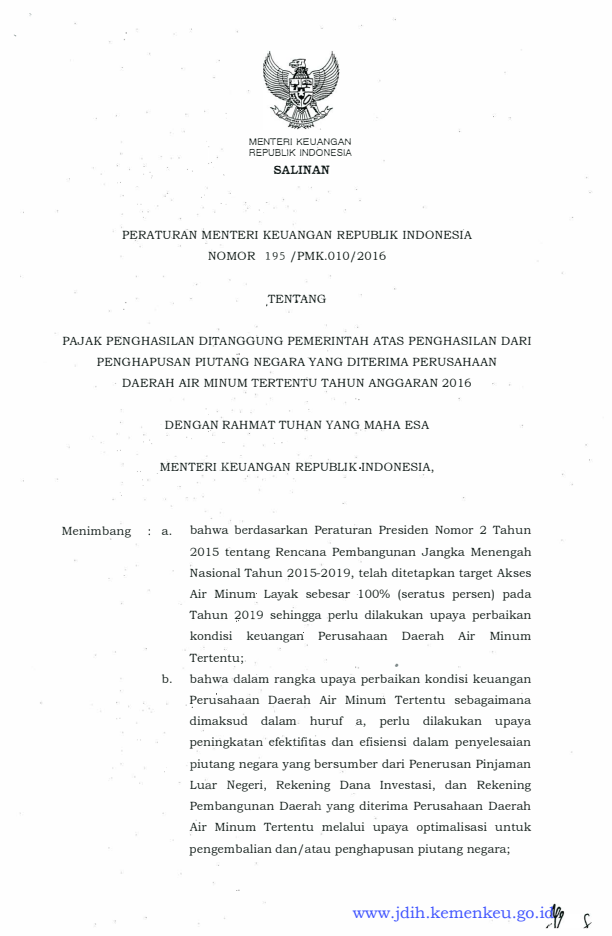 Peraturan Menteri Keuangan Nomor 195/PMK.010/2016
