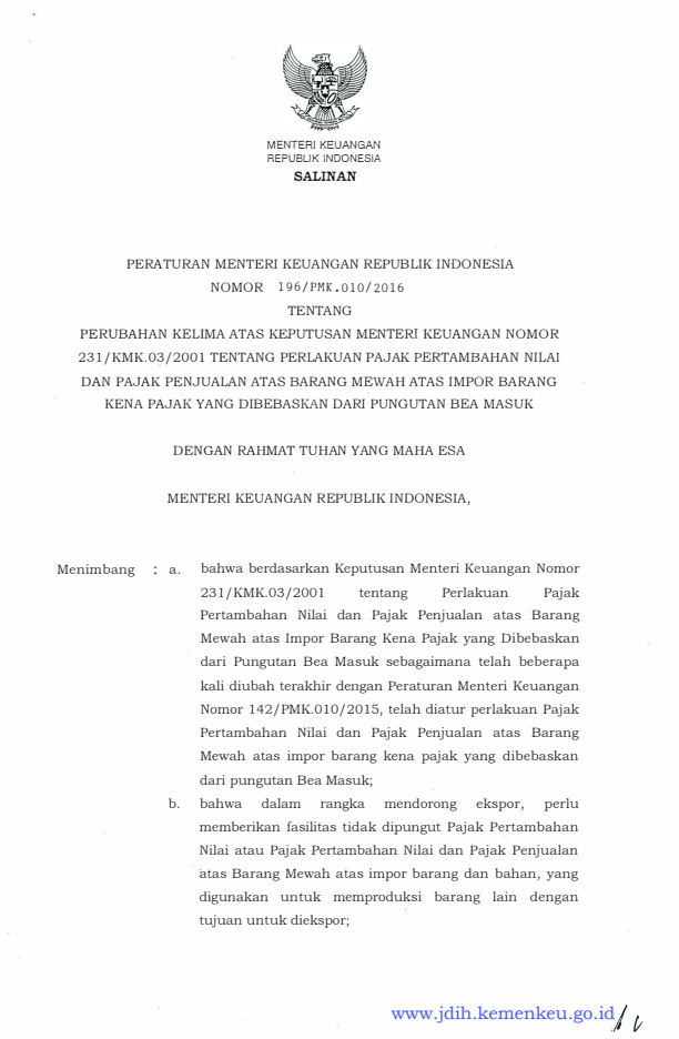 Peraturan Menteri Keuangan Nomor 196/PMK.010/2016