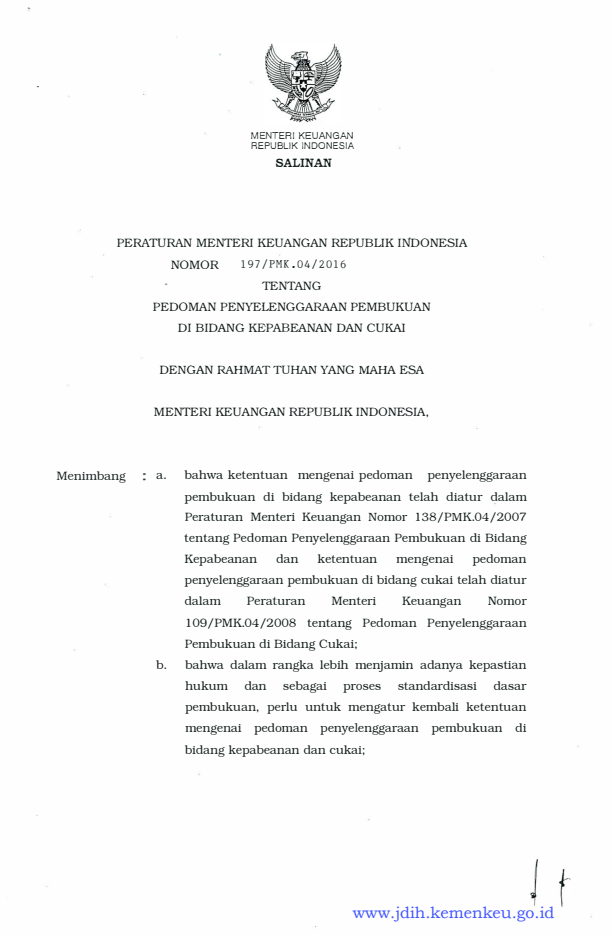 Peraturan Menteri Keuangan Nomor 197/PMK.04/2016