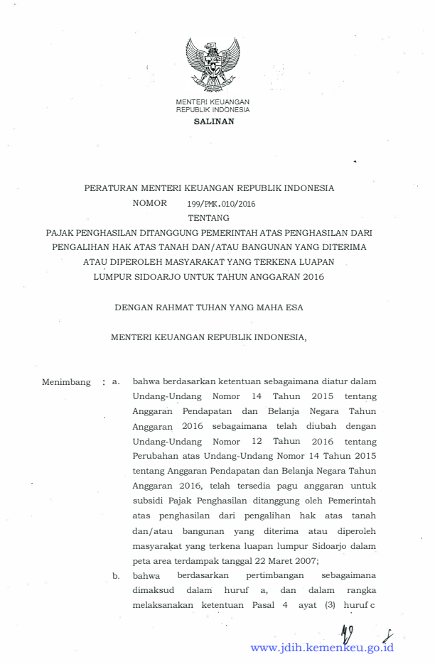 Peraturan Menteri Keuangan Nomor 199/PMK.010/2016