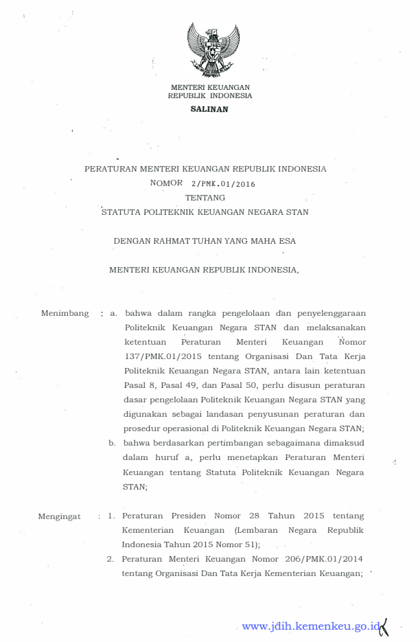 Peraturan Menteri Keuangan Nomor 2/PMK.01/2016