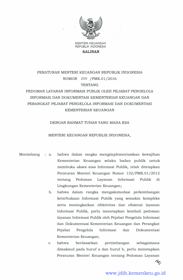 Peraturan Menteri Keuangan Nomor 200/PMK.01/2016