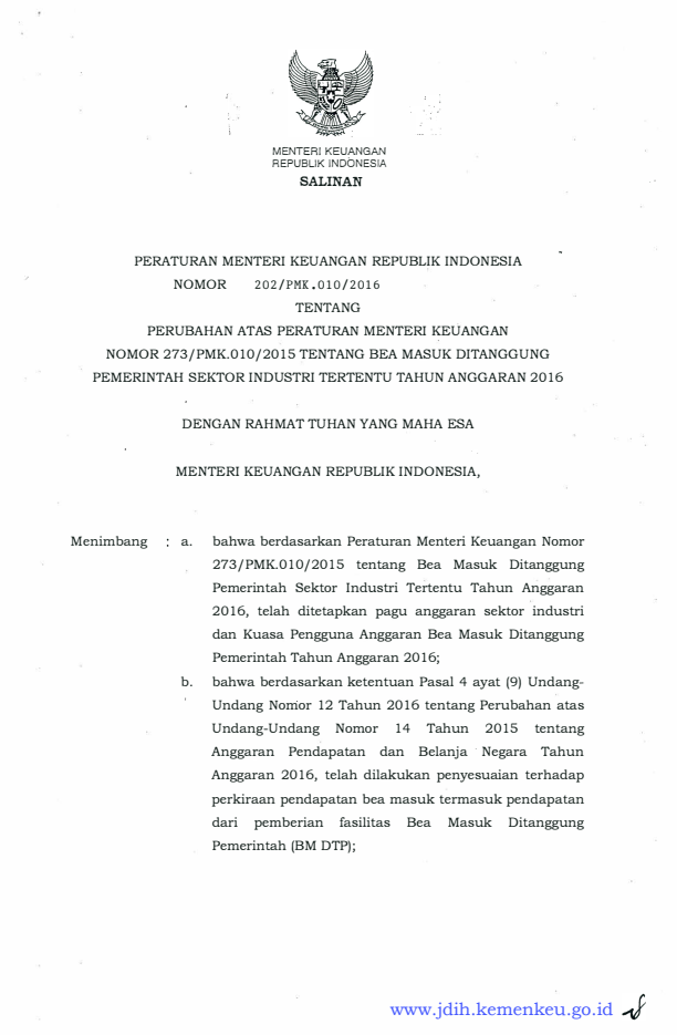 Peraturan Menteri Keuangan Nomor 202/PMK.010/2016