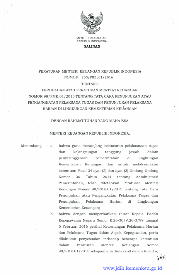 Peraturan Menteri Keuangan Nomor 203/PMK.01/2016