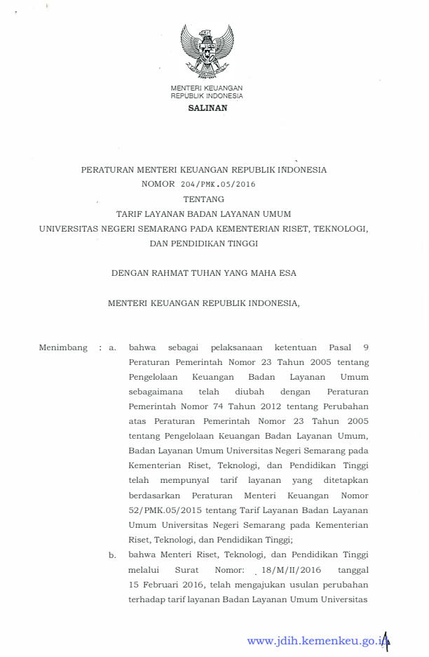 Peraturan Menteri Keuangan Nomor 204/PMK.05/2016