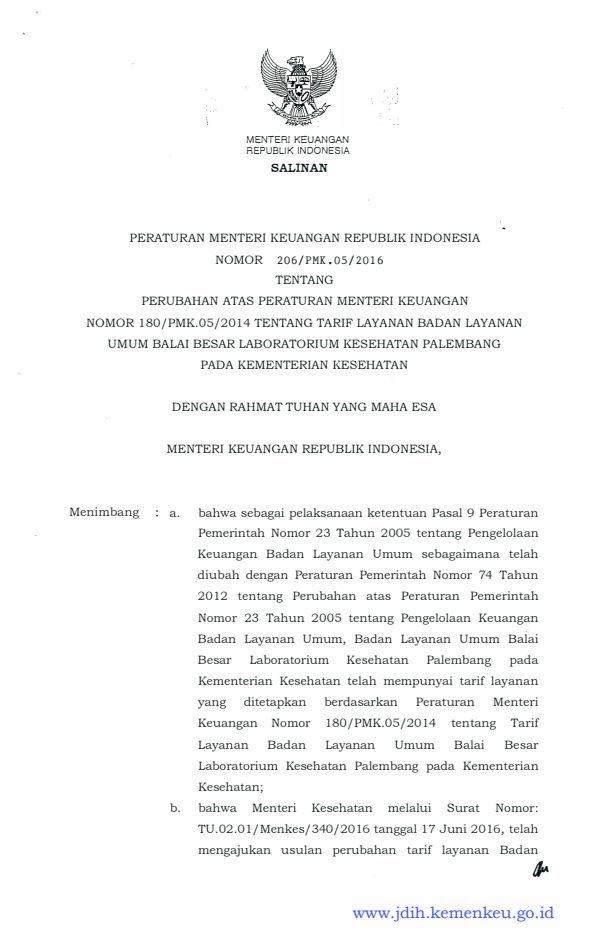Peraturan Menteri Keuangan Nomor 206/PMK.05/2016