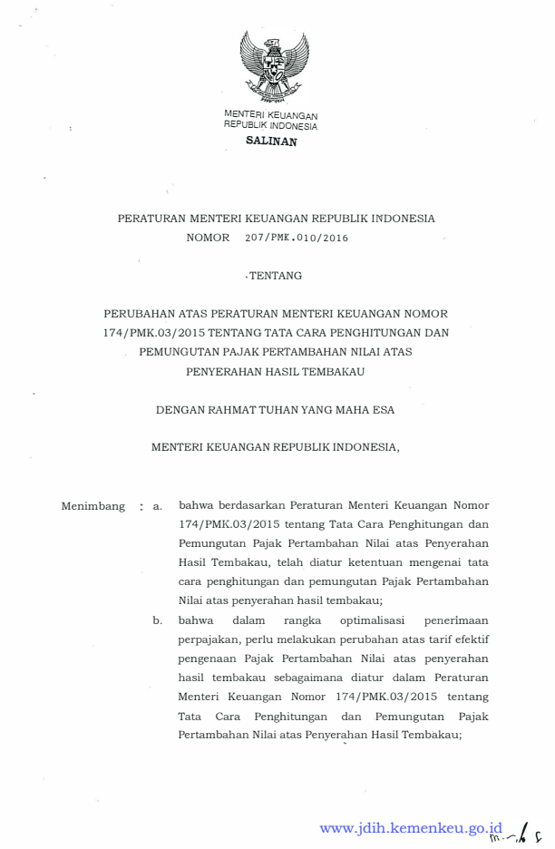 Peraturan Menteri Keuangan Nomor 207/PMK.010/2016