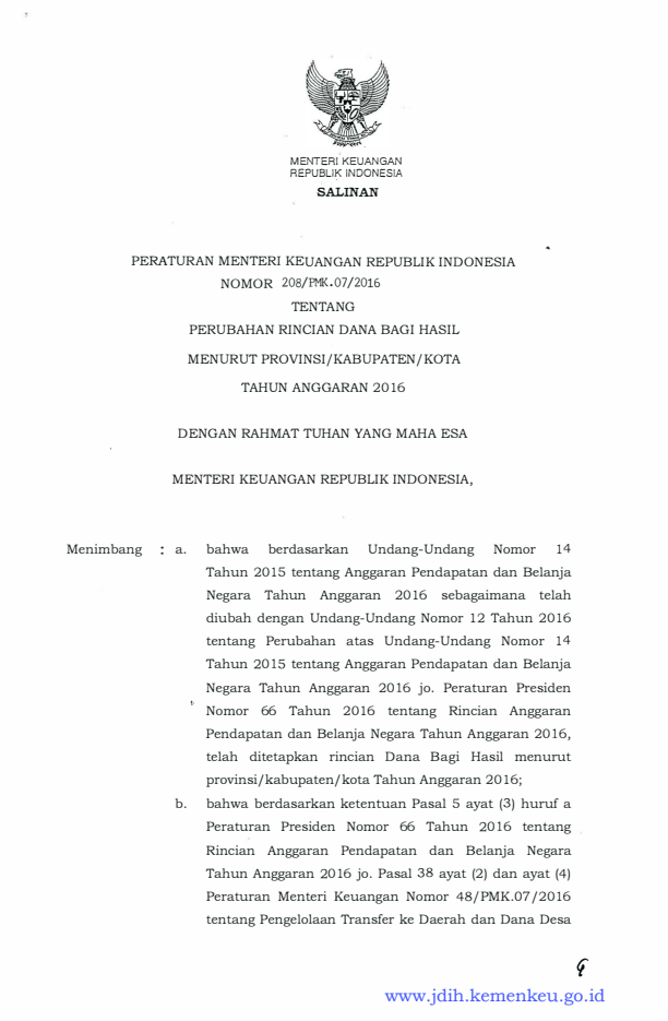 Peraturan Menteri Keuangan Nomor 208/PMK.07/2016