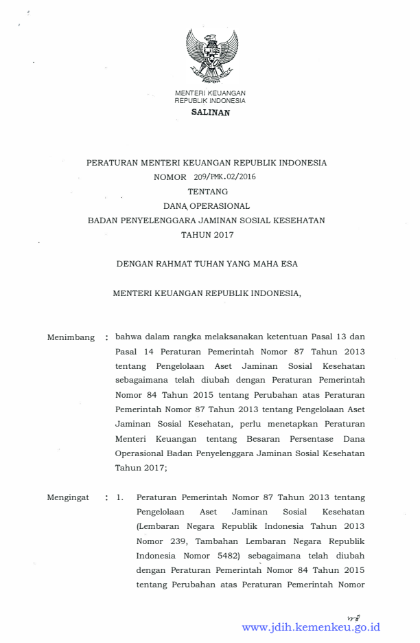 Peraturan Menteri Keuangan Nomor 209/PMK.02/2016