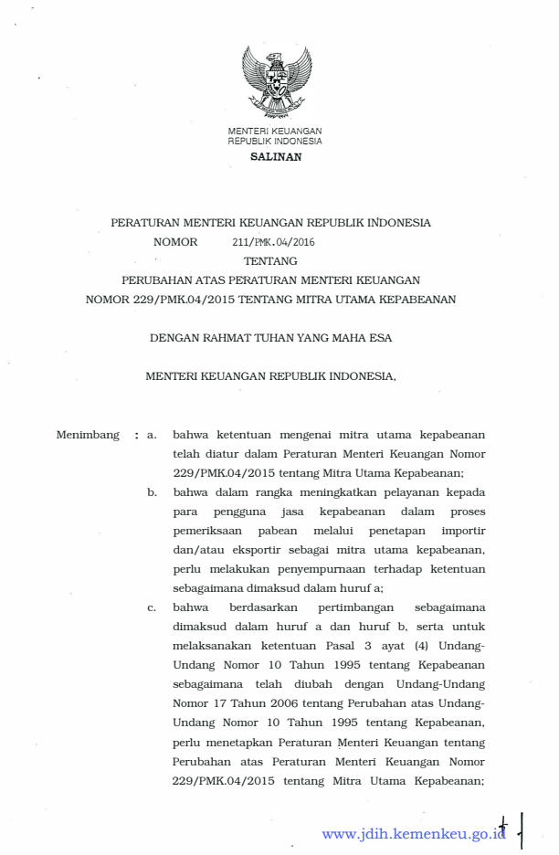 Peraturan Menteri Keuangan Nomor 211/PMK.04/2016
