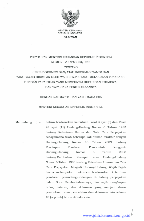 Peraturan Menteri Keuangan Nomor 213/PMK.03/2016