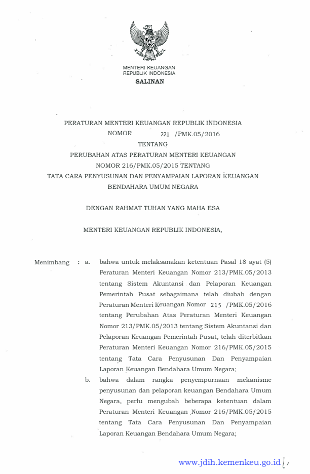 Peraturan Menteri Keuangan Nomor 221/PMK.05/2016