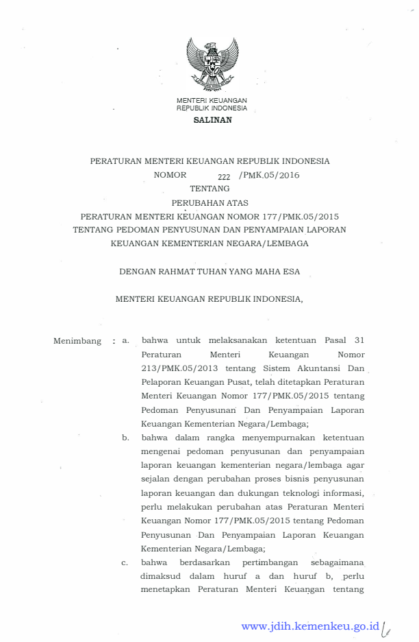 Peraturan Menteri Keuangan Nomor 222/PMK.05/2016