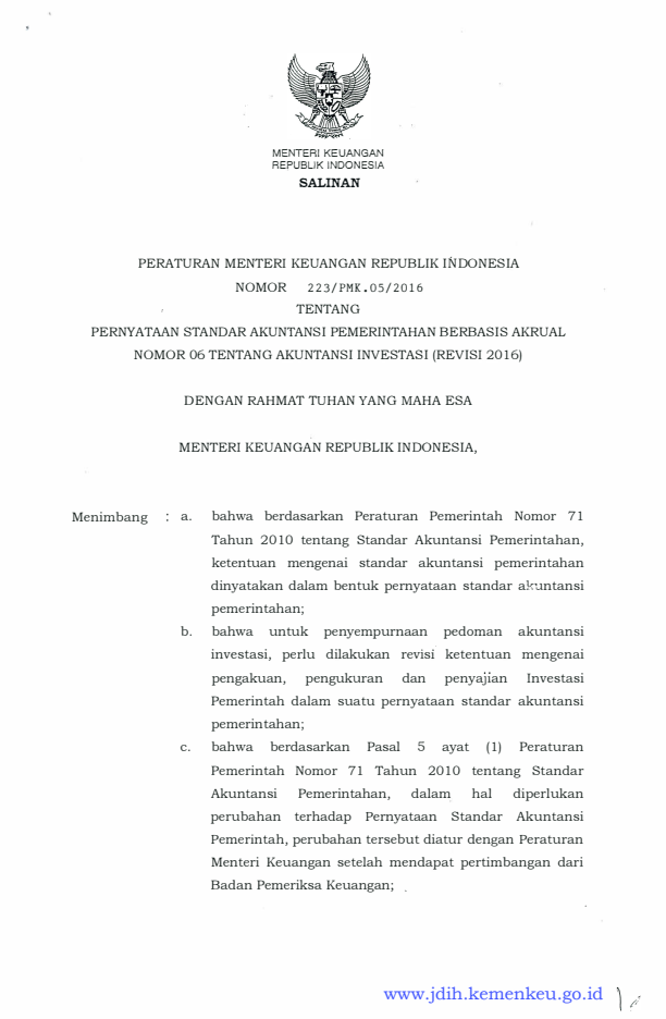 Peraturan Menteri Keuangan Nomor 223/PMK.05/2016