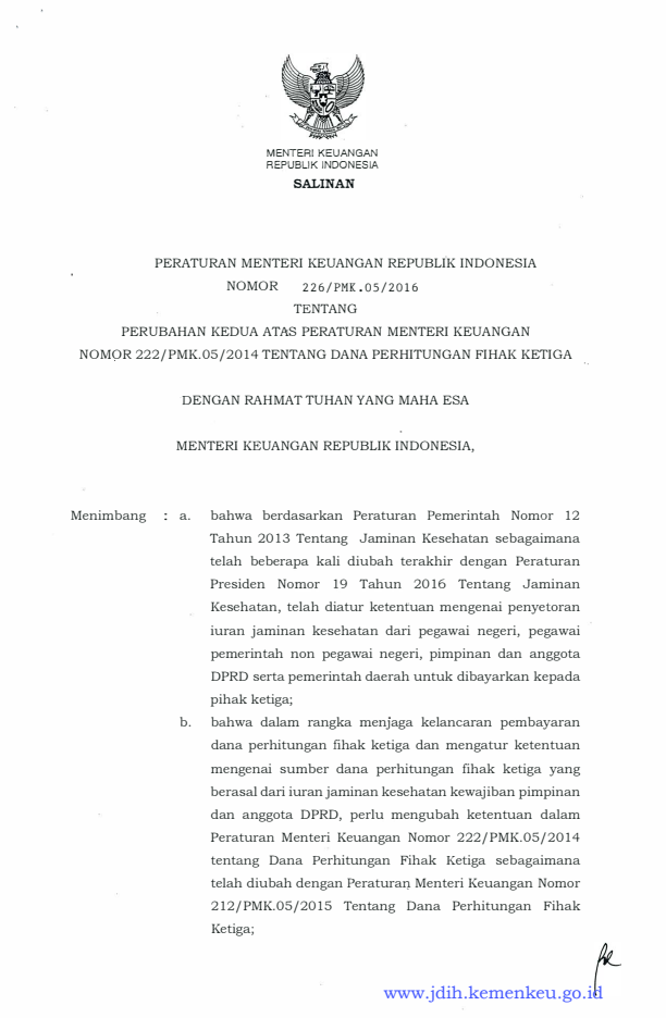 Peraturan Menteri Keuangan Nomor 226/PMK.05/2016