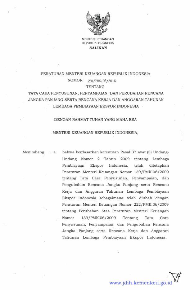 Peraturan Menteri Keuangan Nomor 231/PMK.06/2016