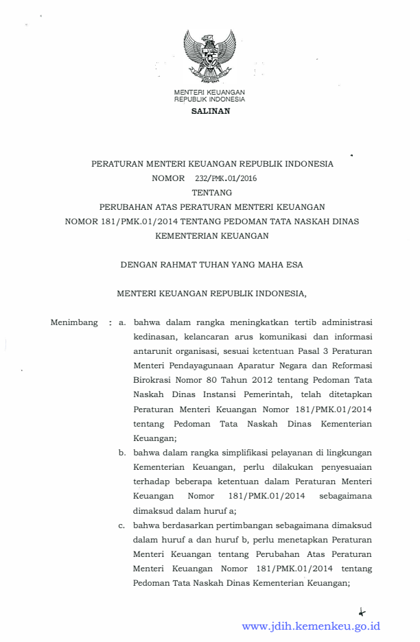 Peraturan Menteri Keuangan Nomor 232/PMK.01/2016