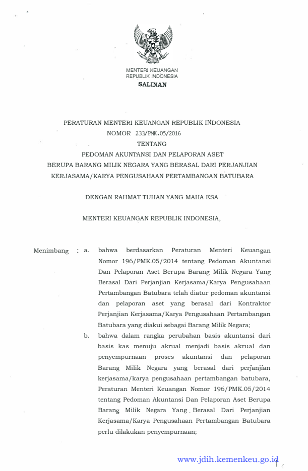 Peraturan Menteri Keuangan Nomor 233/PMK.05/2016