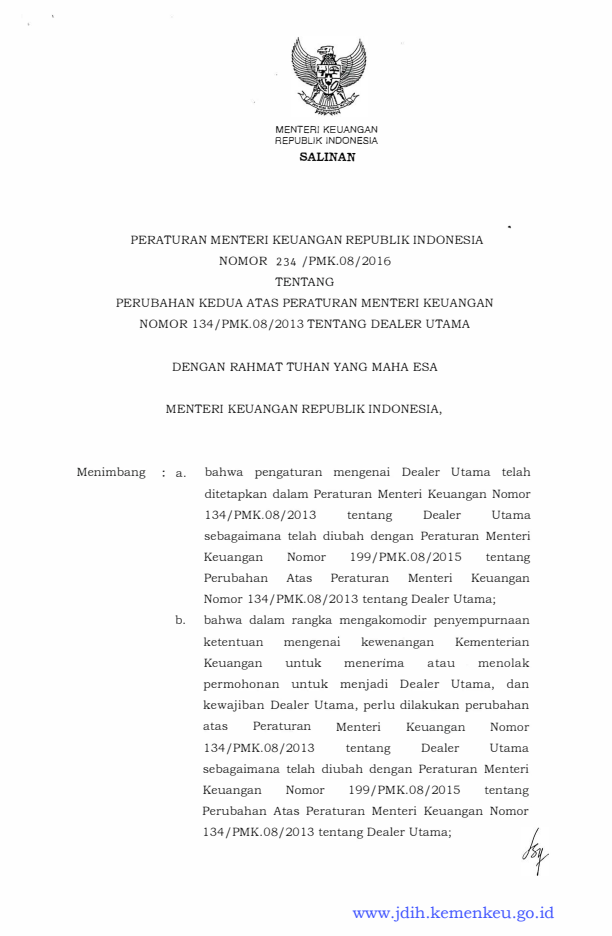 Peraturan Menteri Keuangan Nomor 234/PMK.08/2016