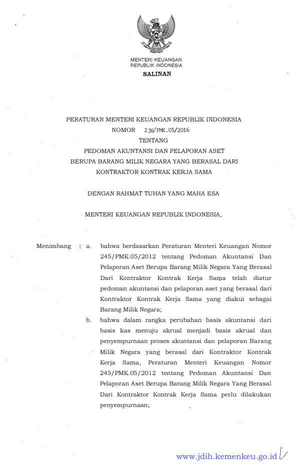 Peraturan Menteri Keuangan Nomor 236/PMK.05/2016