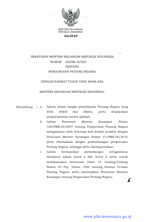 Peraturan Menteri Keuangan Nomor 240/PMK.06/2016