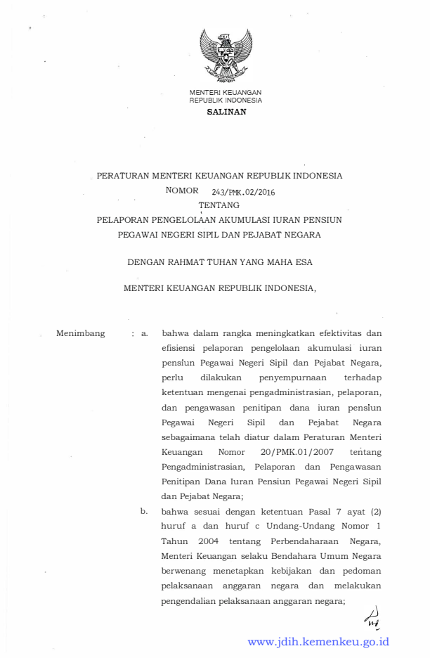Peraturan Menteri Keuangan Nomor 243/PMK.02/2016