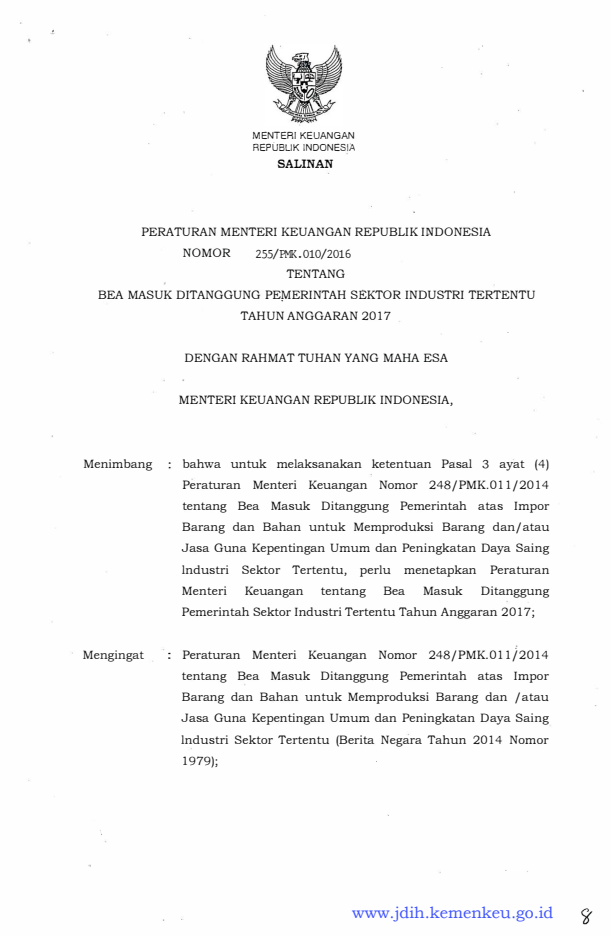 Peraturan Menteri Keuangan Nomor 255/PMK.010/2016