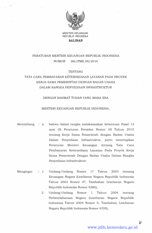 Peraturan Menteri Keuangan Nomor 260/PMK.08/2016