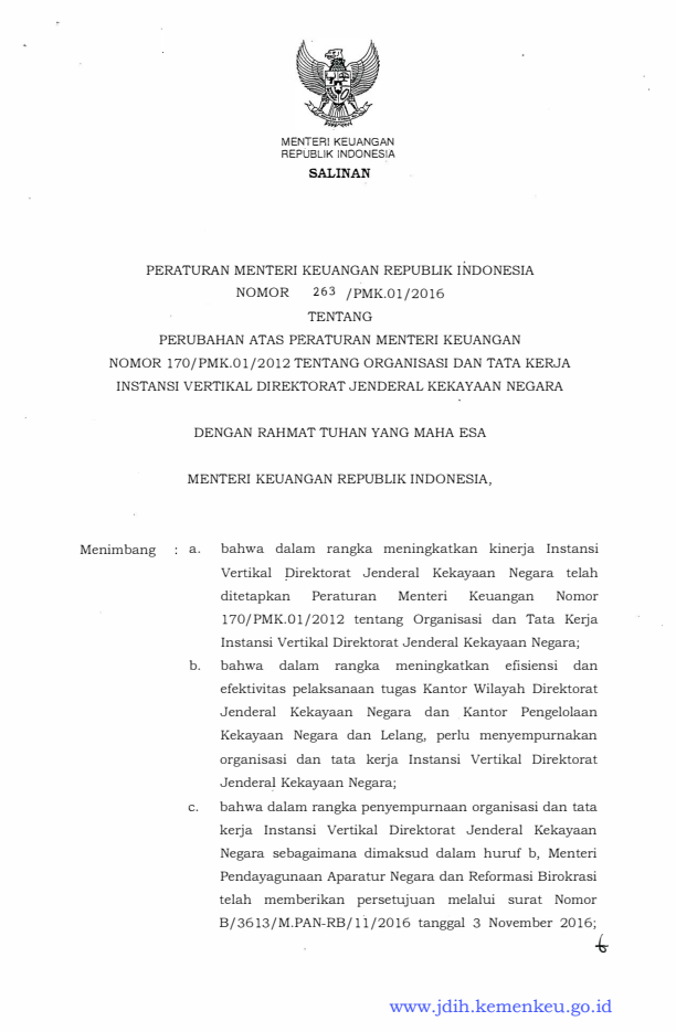 Peraturan Menteri Keuangan Nomor 263/PMK.01/2016