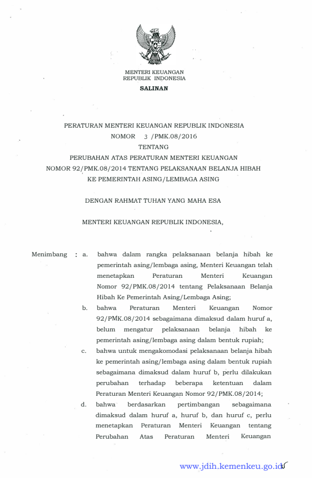 Peraturan Menteri Keuangan Nomor 3/PMK.08/2016