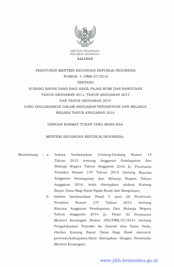 Peraturan Menteri Keuangan Nomor 4/PMK.07/2016