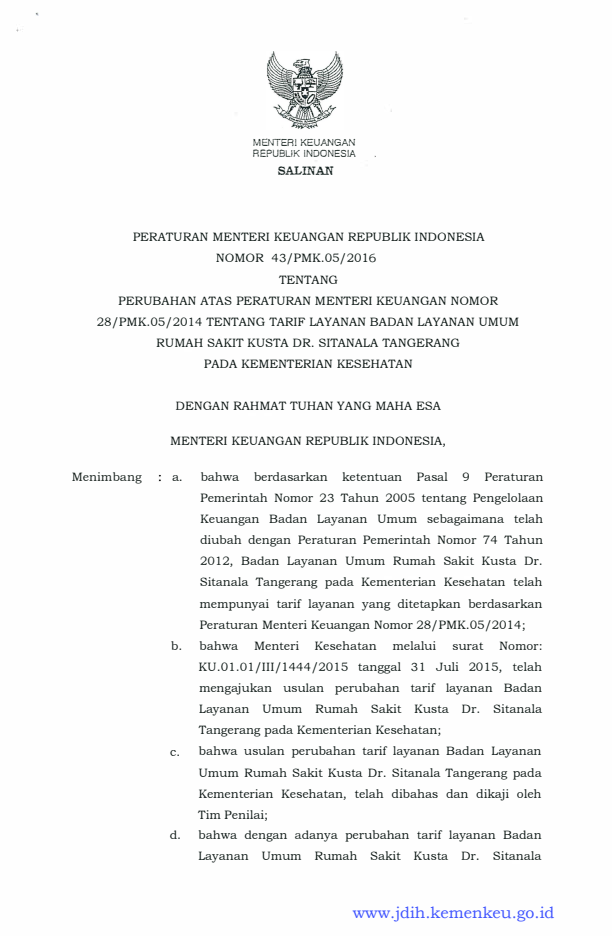 Peraturan Menteri Keuangan Nomor 43/PMK.05/2016