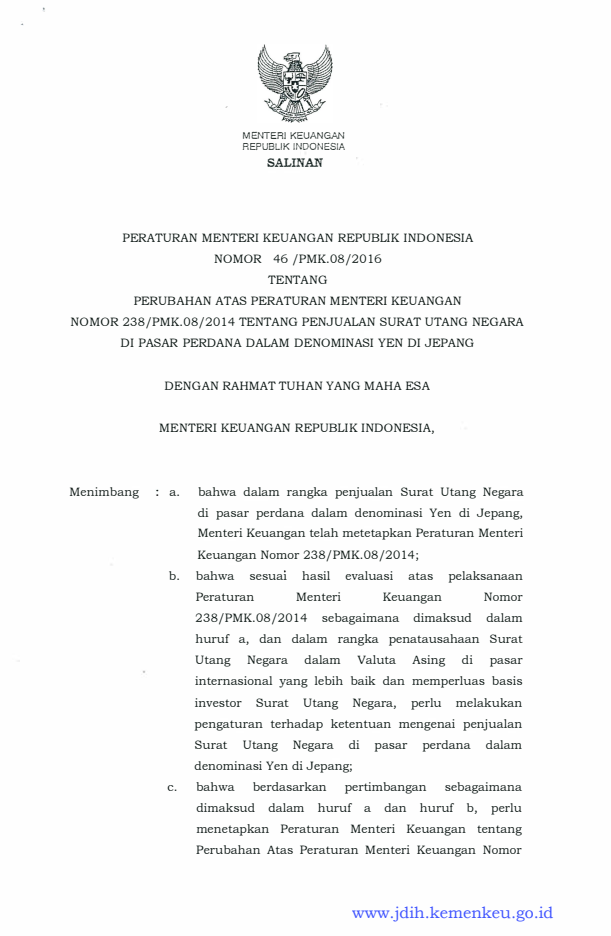 Peraturan Menteri Keuangan Nomor 46/PMK.08/2016
